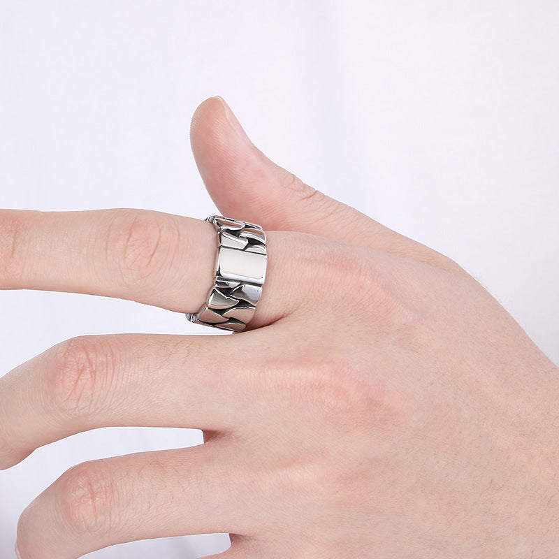 Planderful Mens Hollow Ring 18K Gold Titanium Cuban Chain