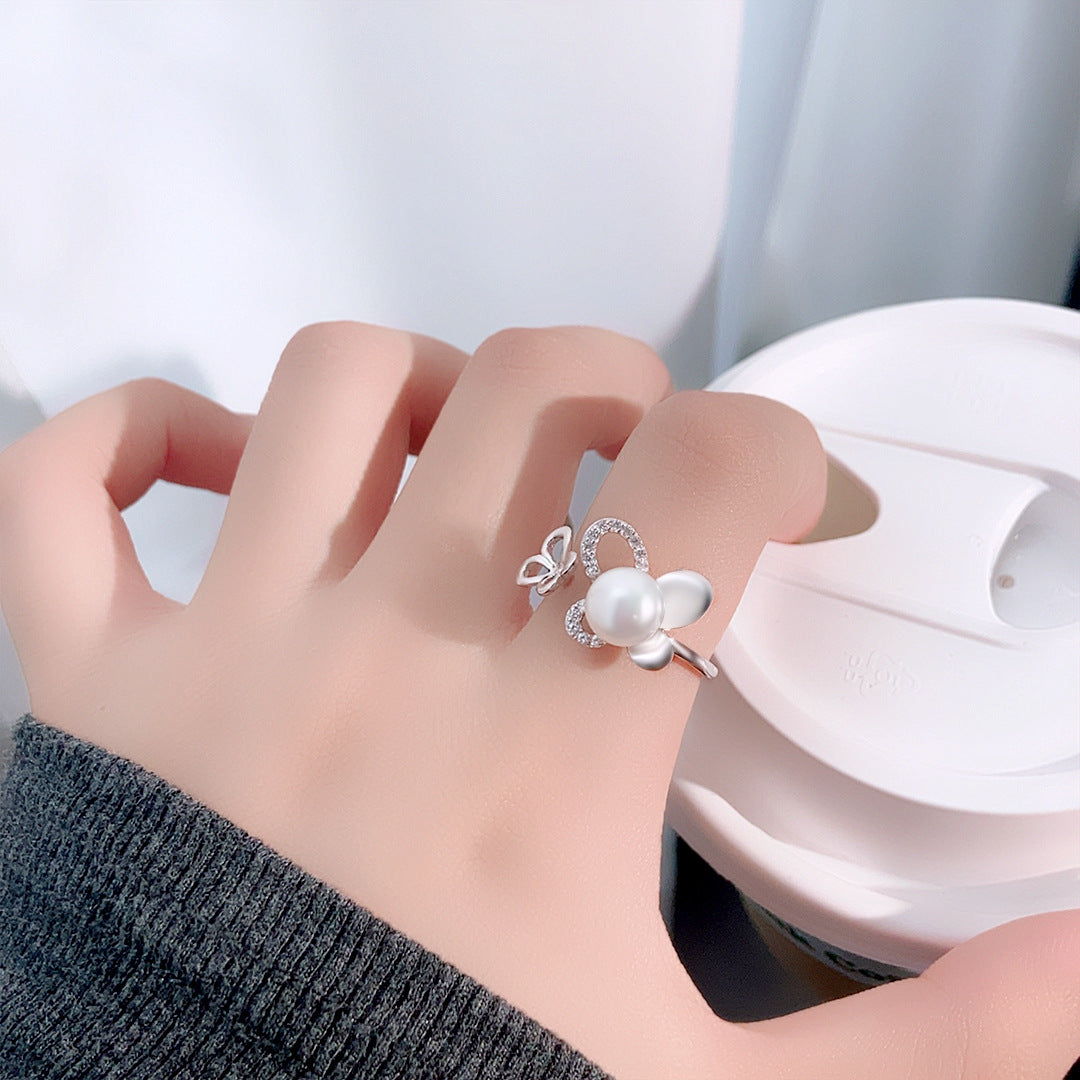 S925 Sterling Silver Freshwater Pearl Butterfly Ring — Adjustable