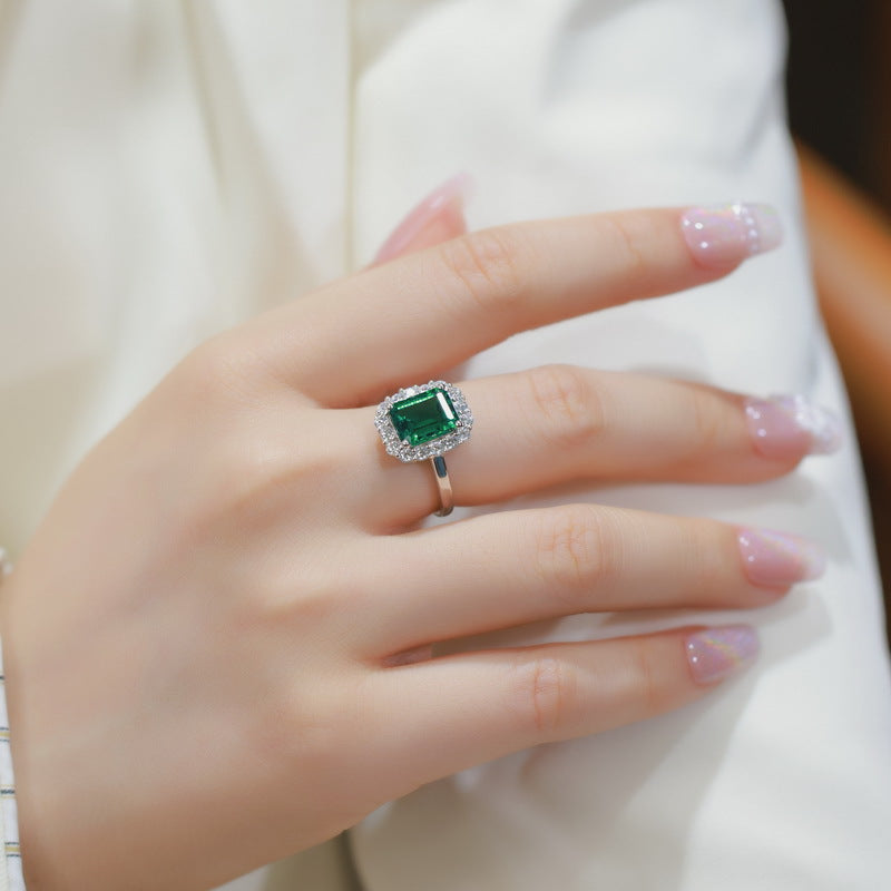 Planderful Jewelry Lab Grown Emerald Ring In Sterling Silver Halo Design With European Style