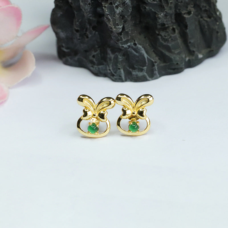 Icy Green Jadeite Bow 925 Silver Stud Earrings