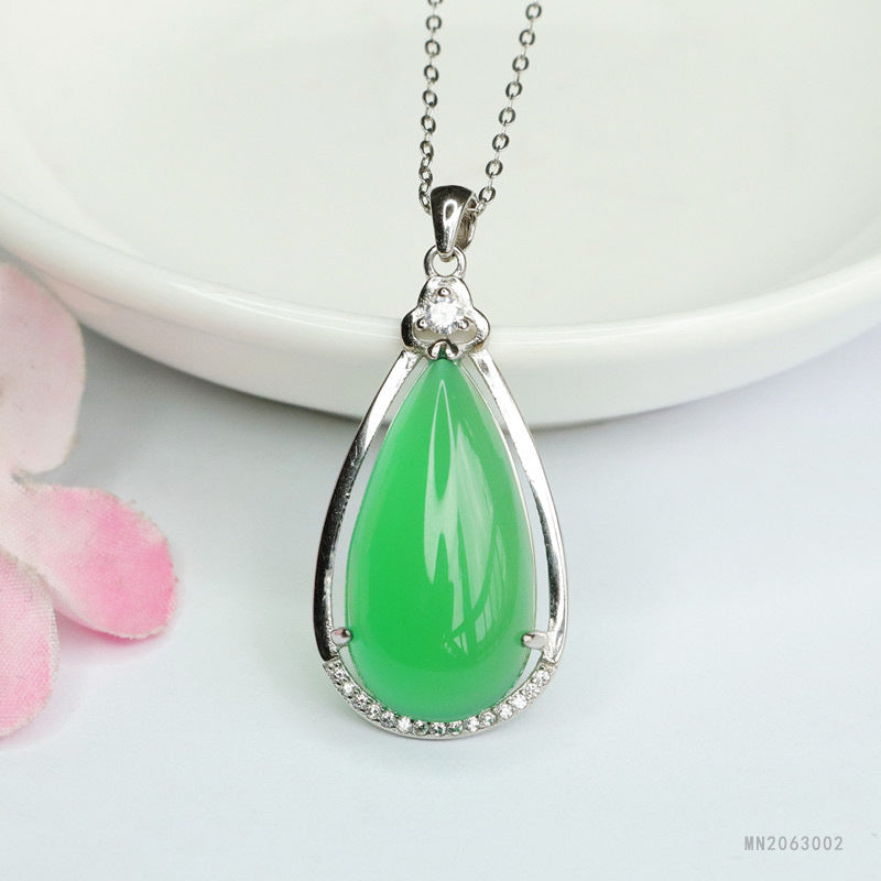 Green Chalcedony Teardrop Silver Pendant — No Chain