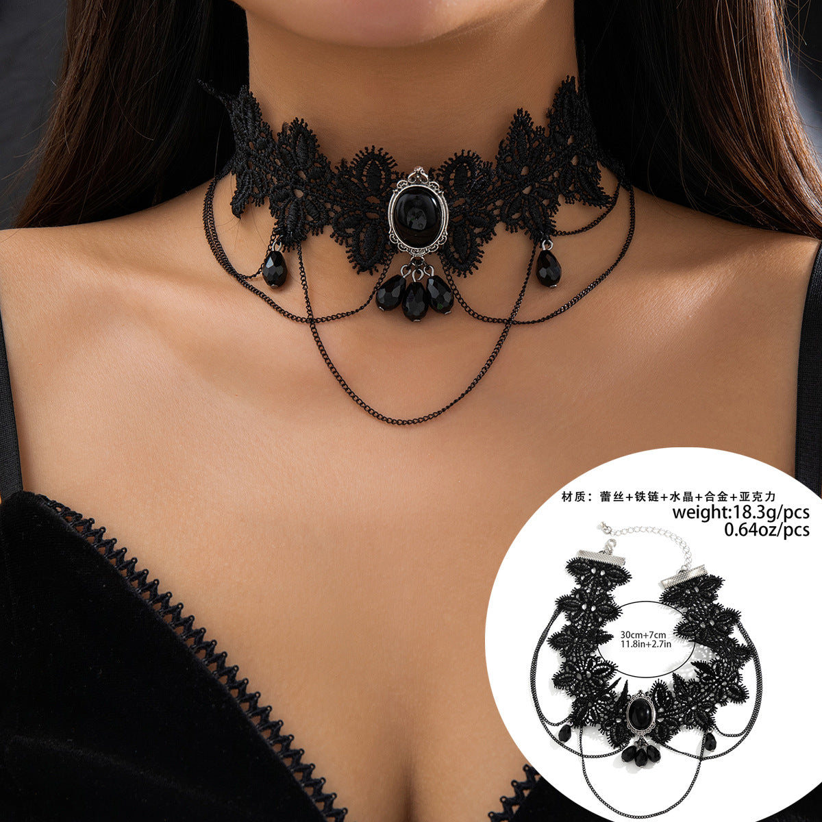 Gothic Lolita Necklace with Tassel Detail and Lace Collar
