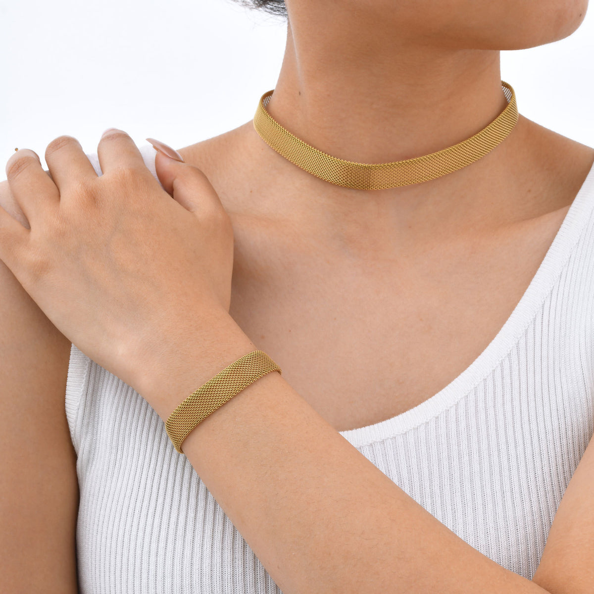 Stainless Steel Mesh Chain Bracelet Necklace Gold