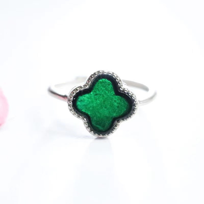 Four-leaf Clover Sterling Silver Ring with Blackish Green Natural Jade