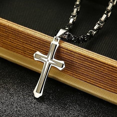 Planderful Two Tone Titanium Steel Cross Necklace For Men Double Layer Trendsetting Hip Hop Style Personalized Jewelry