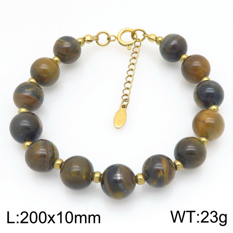 Bracelet – Tiger's Eye Stone Beaded Stainless Steel Round Beads With Extension Chain