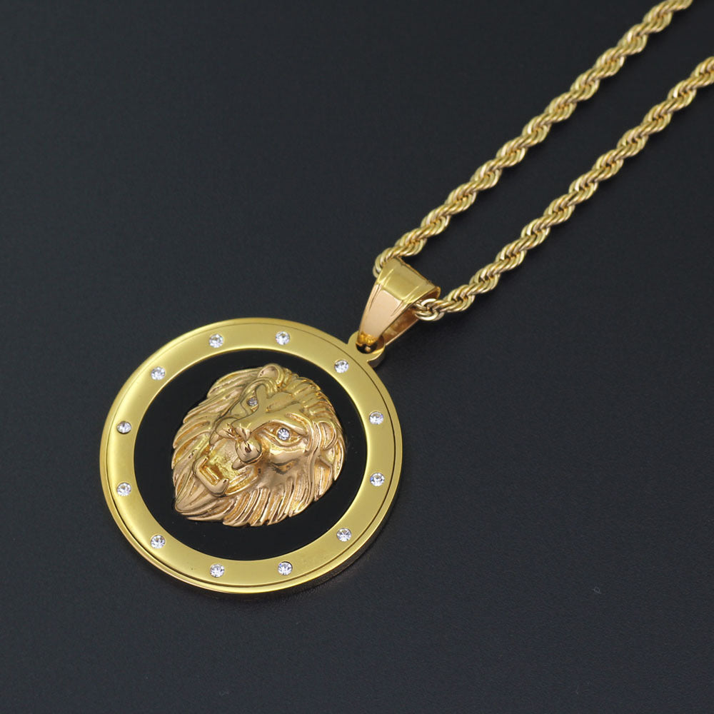 Planderful Lion Head Necklace Zircon Gold Plated Stainless Steel Unisex Hip Hop Style Statement Pendant