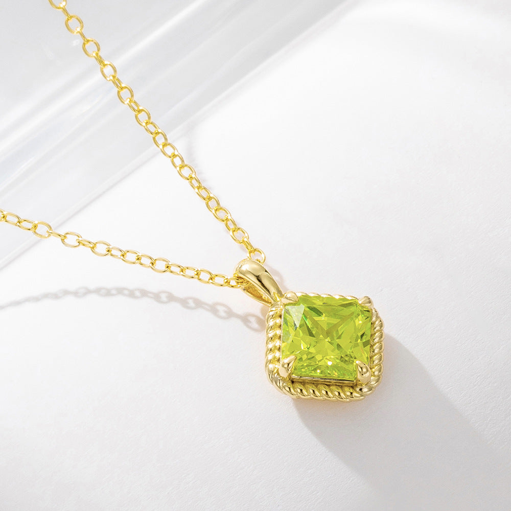 Geometric Square Green Zircon Pendant Necklace S925 Sterling Silver Zircon Necklace