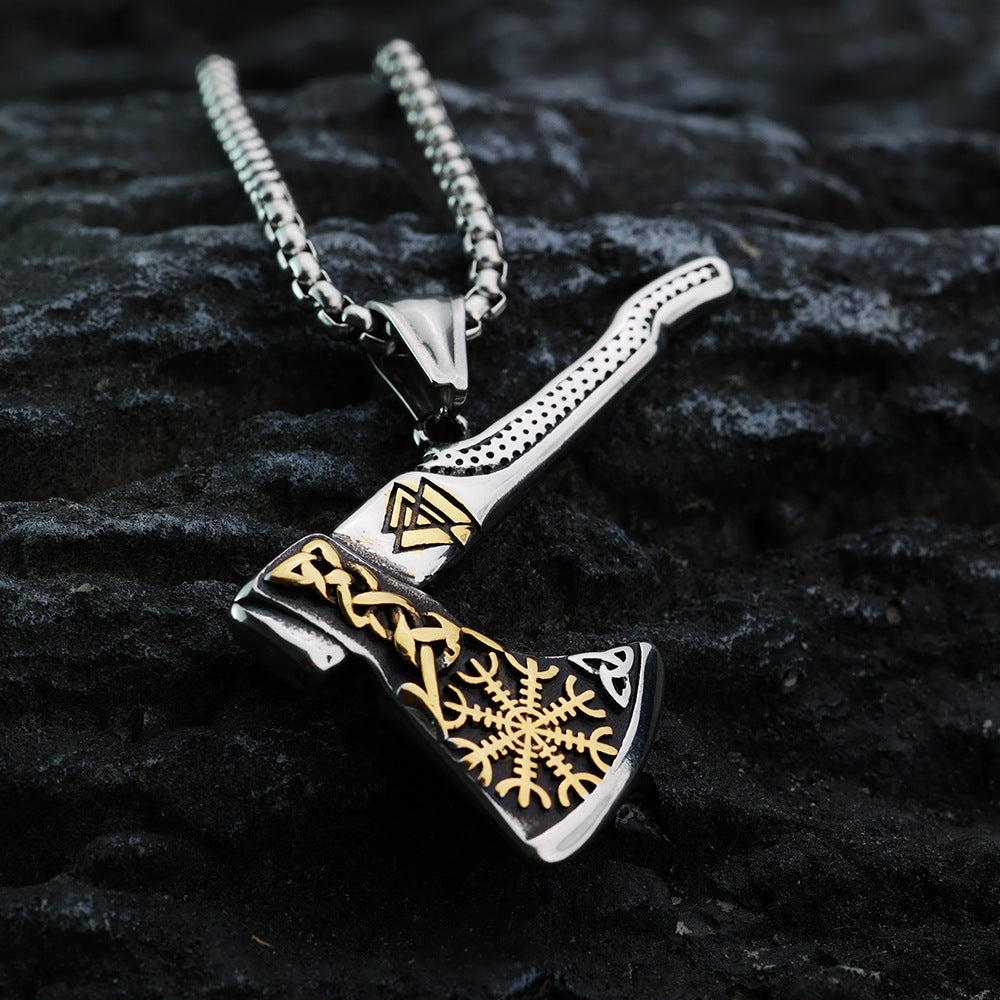 Vintage Men's Stainless Steel Pendant Viking Compass Axe Necklace