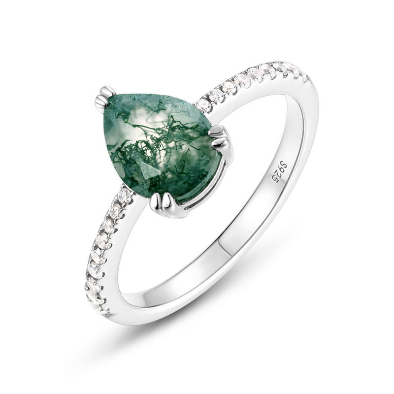 S925 Sterling Silver Moss Agate Heart Prong-Set Ring