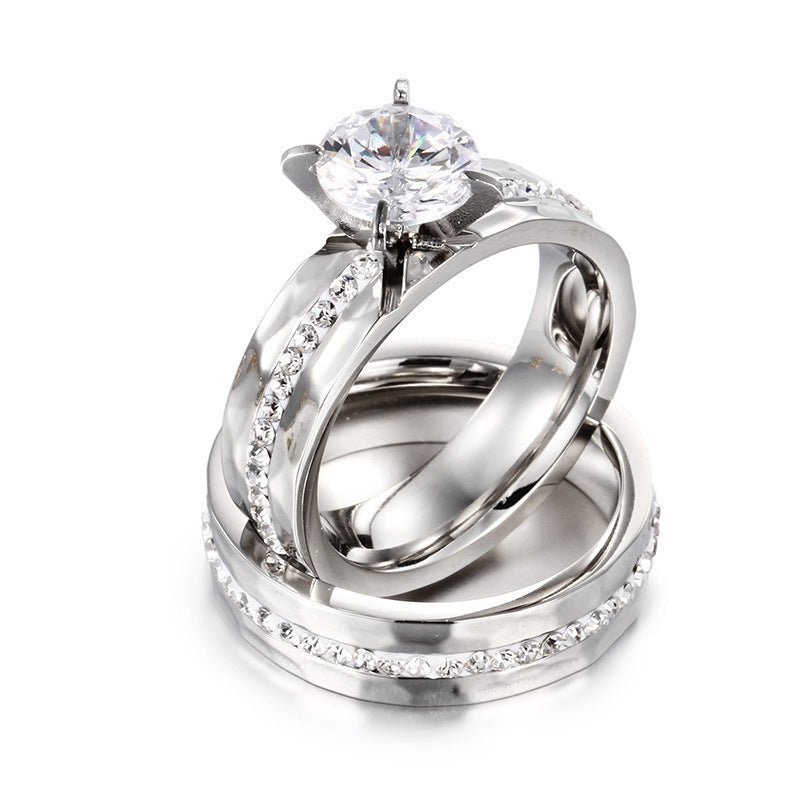 Hammer Texture Inlaid Zircon Titanium Steel Couple Ring, Stainless Steel Pair Ring Valentine's