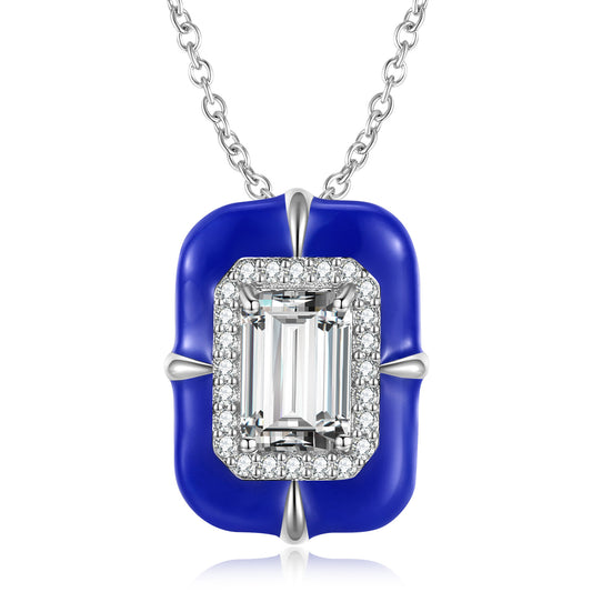 Emerald Cut Zircon Blue Rectangle Pendant Silver Necklace