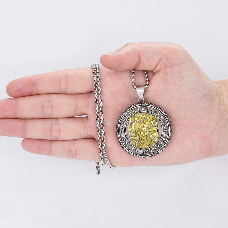 Stainless Steel Necklace - Statement Skull Disc Pendant With Mahjong Coin Charm Limited Edition