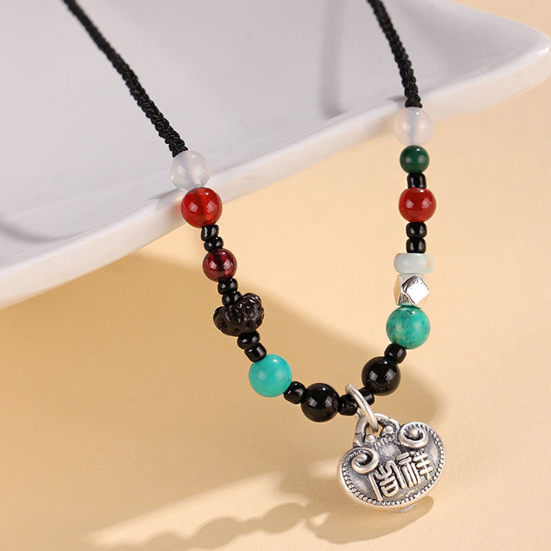 999 Silver Agate Ruyi Lock Braided Necklace