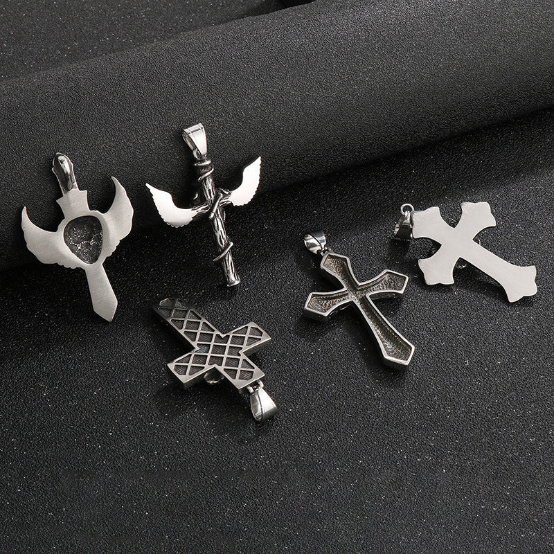 Flying Wings Pendant, Gothic Lion Head Rose Cross Wings Titanium Steel Men's Pendant Necklace
