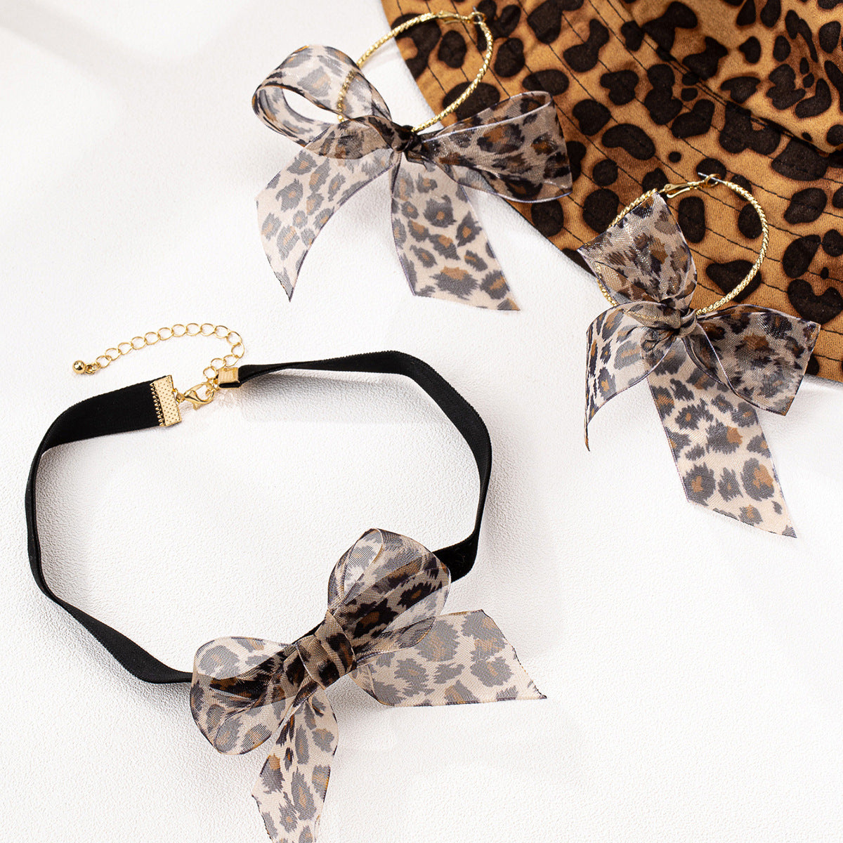 Leopard Print Bow Earrings and Necklace Set for Stylish Women