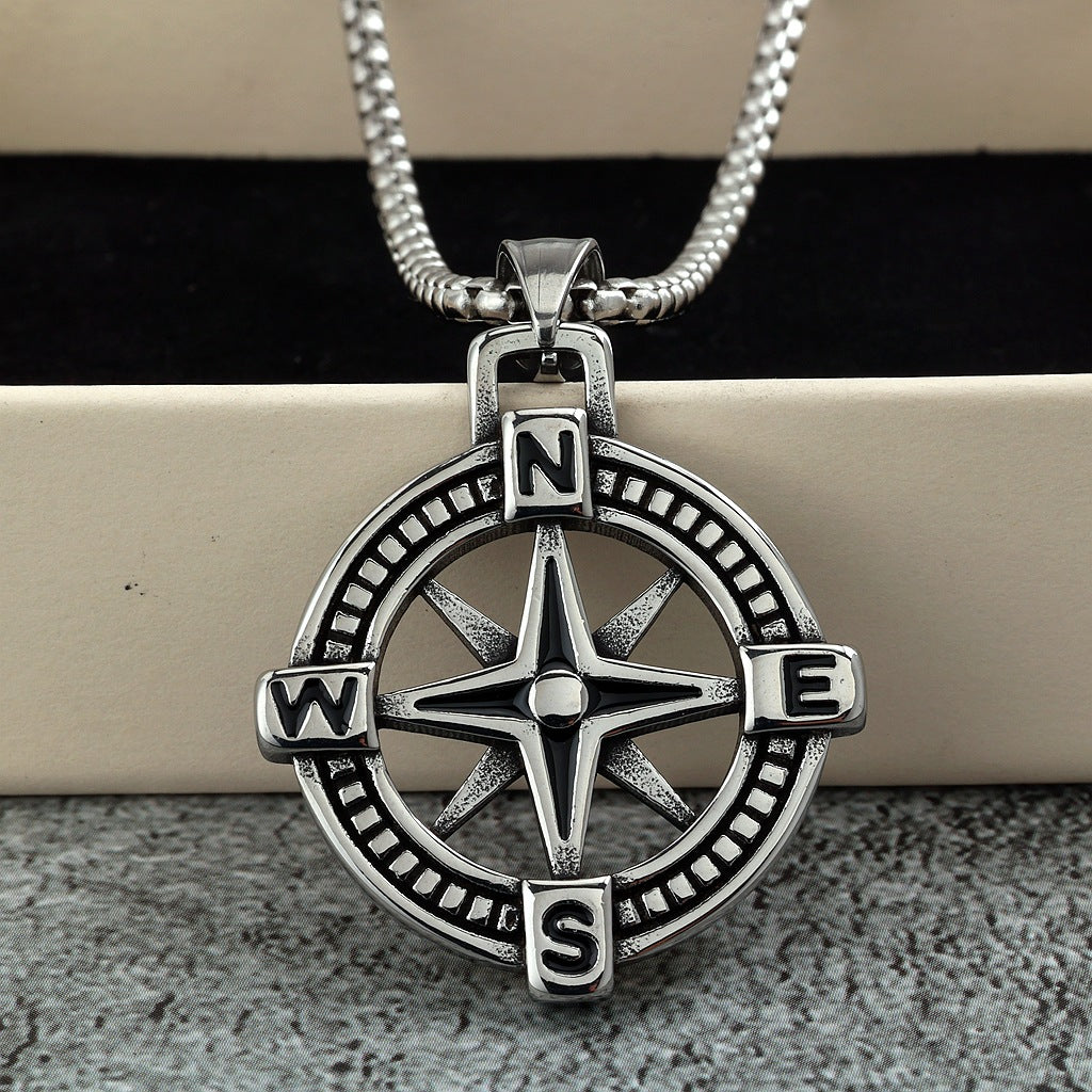 Vintage Compass Stainless Steel Men's Pendant Necklace