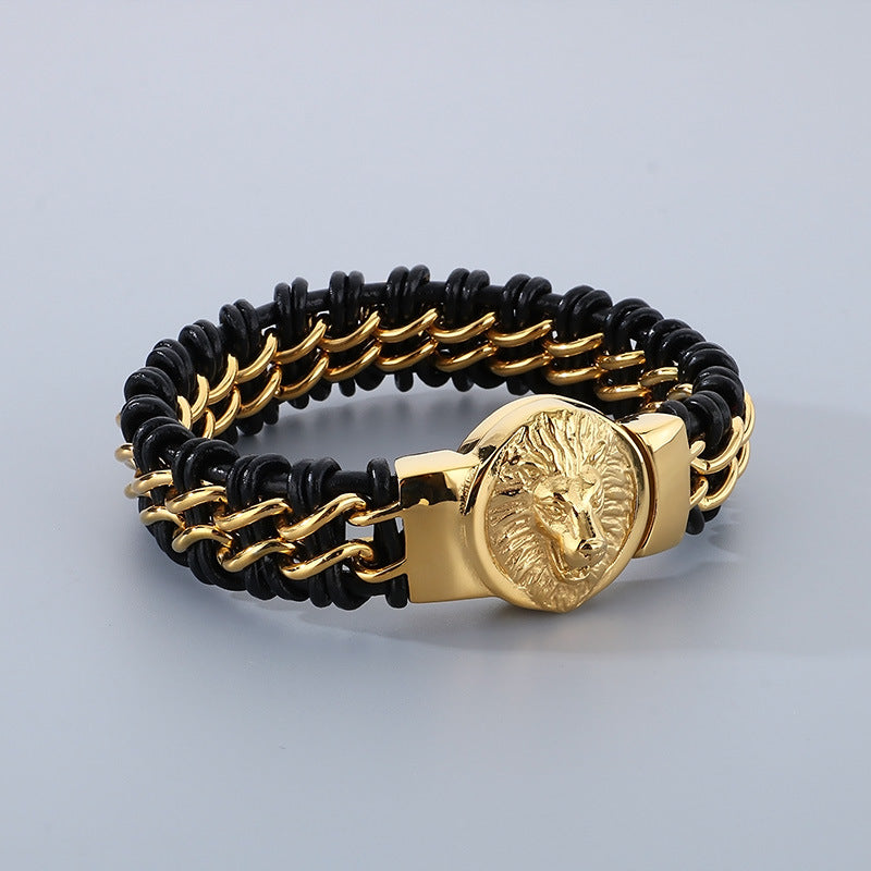Wolf Head Bracelet – Punk Animal Lion Head Magnet Buckle Titanium Steel Woven Leather