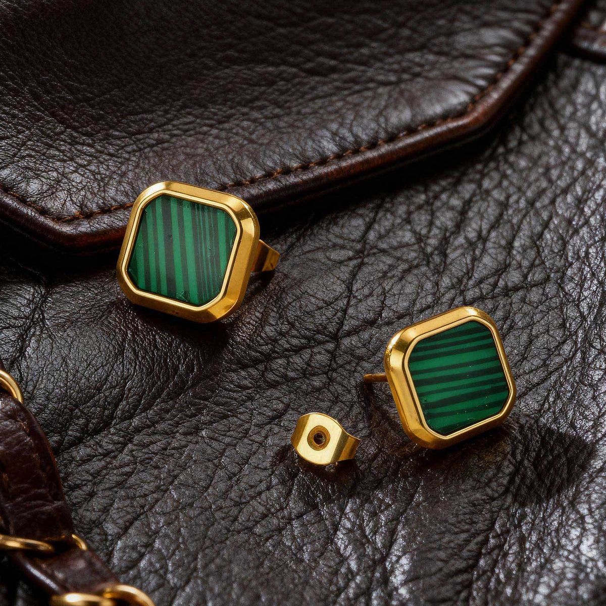 Gold-Tone Inlay Earrings — Shell or Malachite