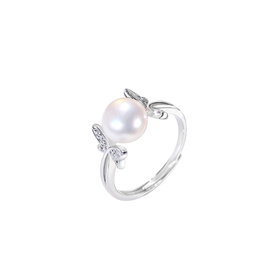 S925 Sterling Silver Freshwater Pearl Butterfly Ring — Adjustable