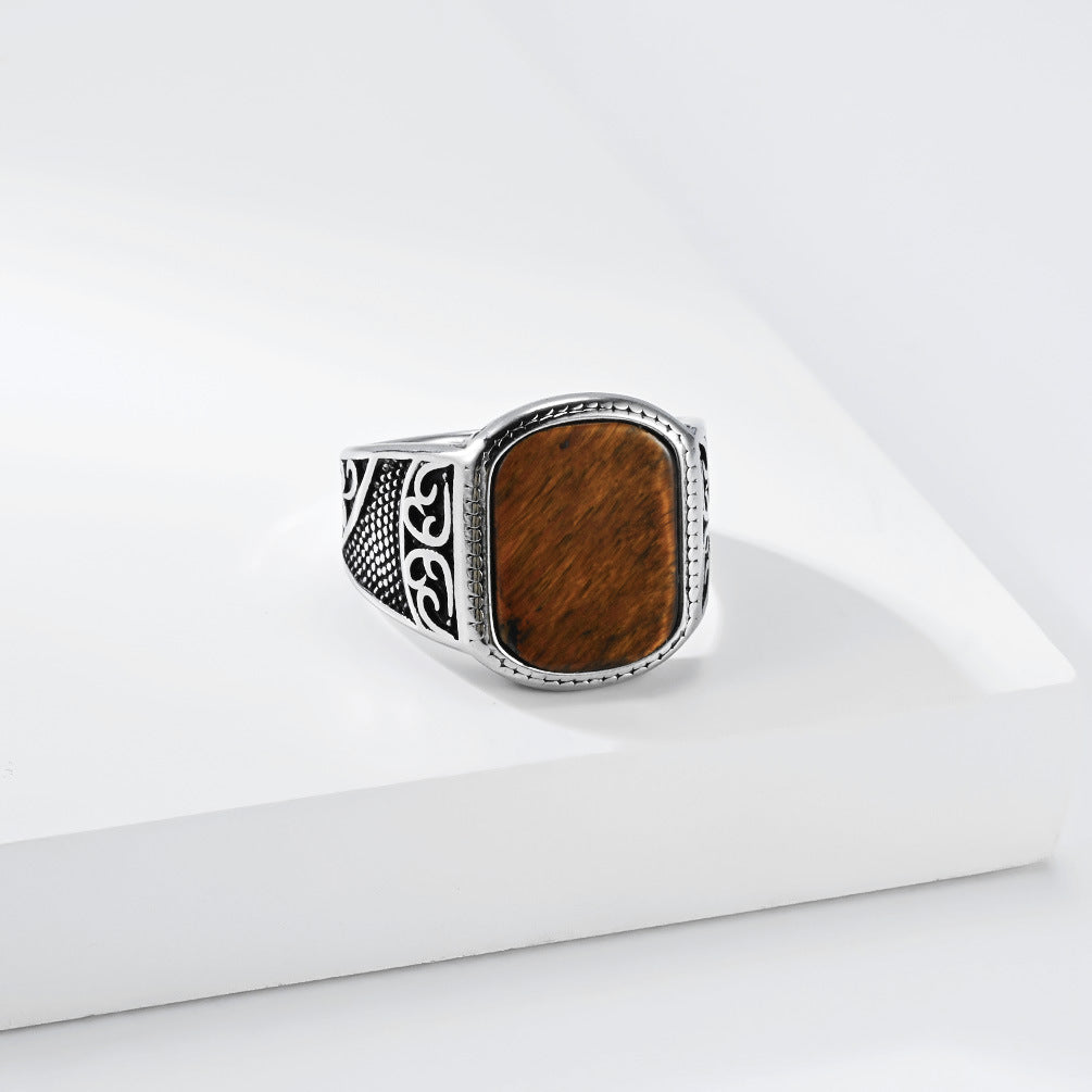 Tiger Turquoise Textured Vintage Stainless Steel Ring for Men