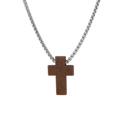 Stainless Steel Unisex Necklace Square Pearl Chain Wood Cross Necklace