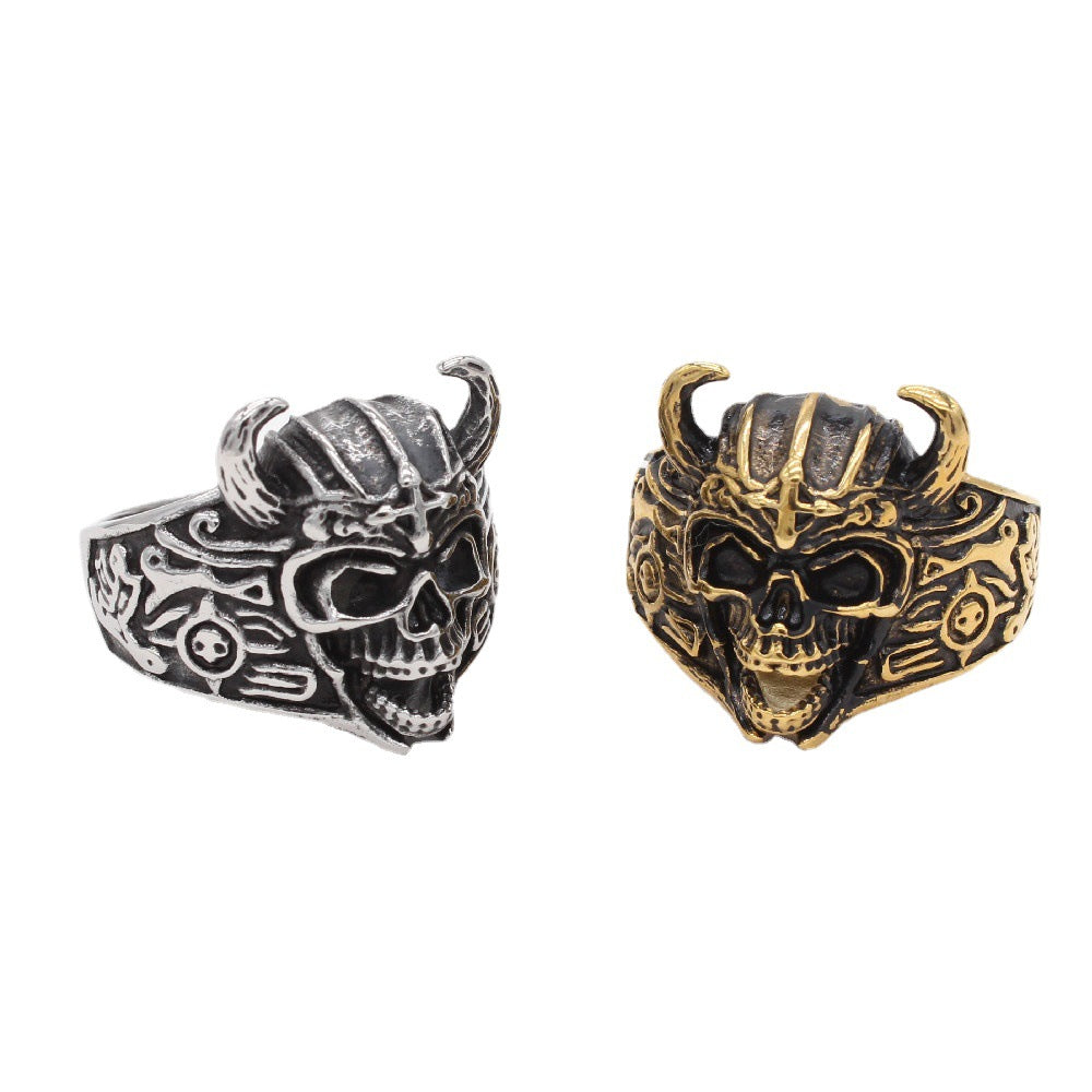 Titanium Steel Horned Skull Ring