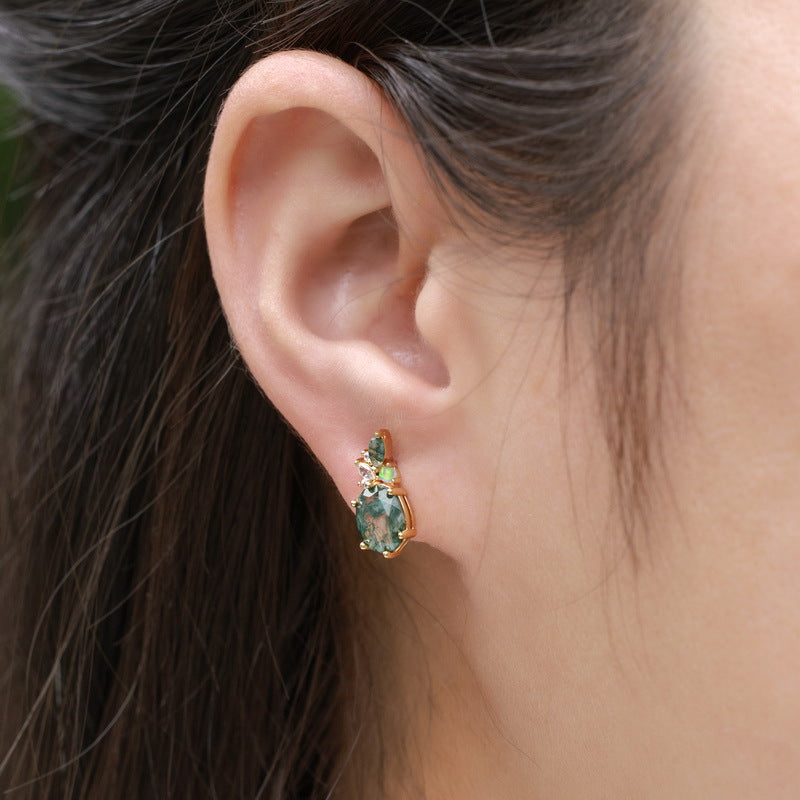 S925 Sterling Silver Moss Agate Oval 6 × 8 mm Stud Earrings