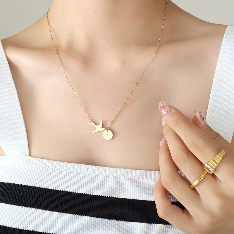 Korean Swallow Tassel Round Pendant Necklace - Adjustable Titanium Gold-Plated Clavicle Jewelry