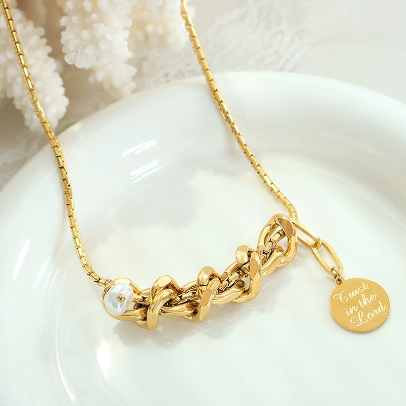 Urban Chic Geometric Freshwater Pearl Pendant Necklace with Cuban Chain