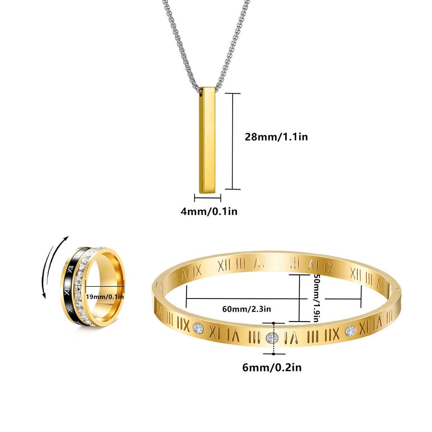 Roman Numeral Ring Bracelet Necklace Set by Planderful Everyday Genie Stainless Steel Personalized Jewelry for Women