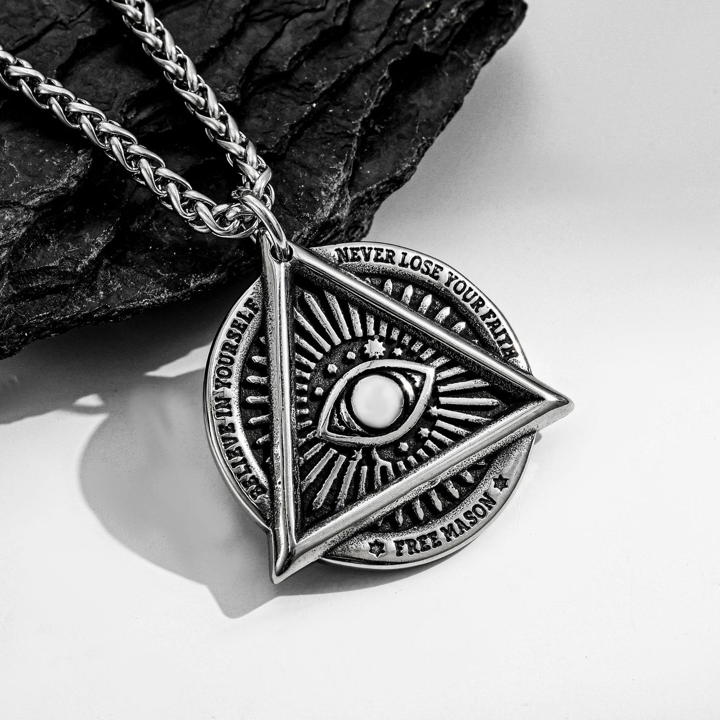 Planderful Everyday Genie Stainless Steel Devils Eye Triangle Pendant Necklace For Men Hip Hop Retro Style