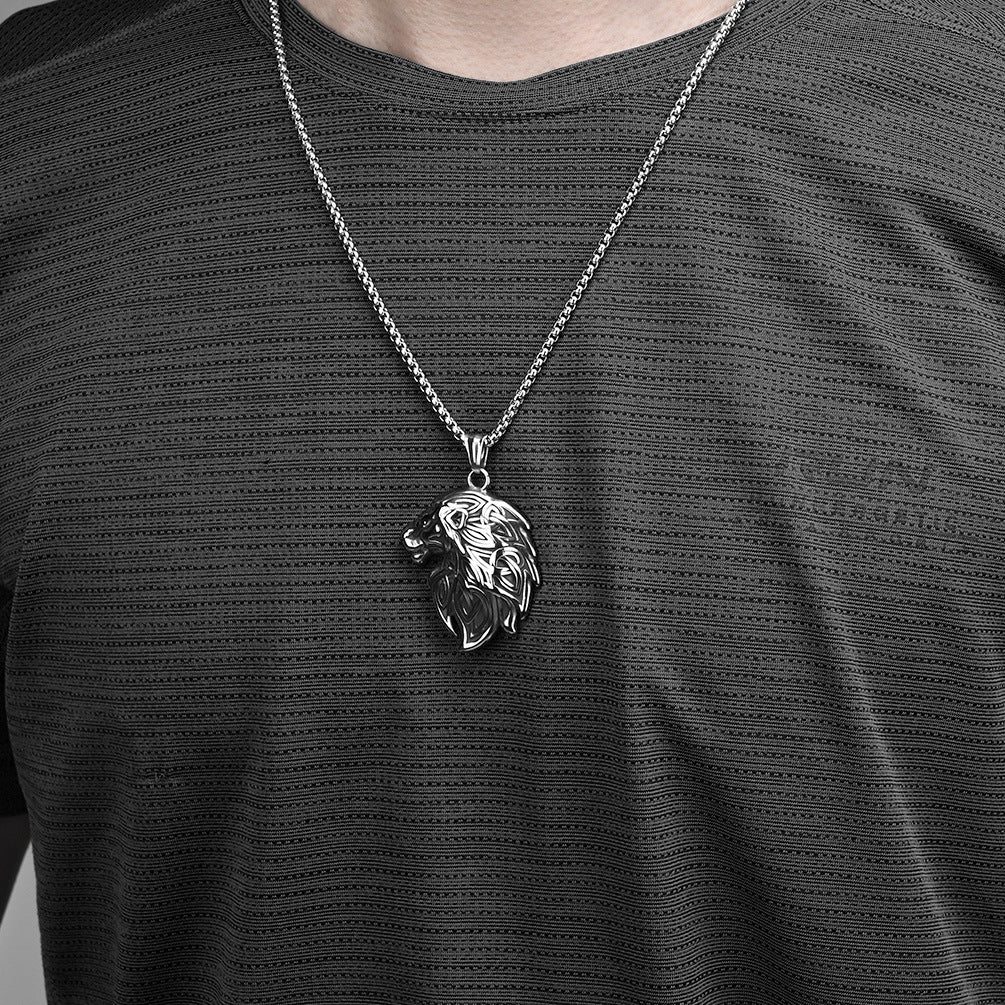Planderful Viking Lion Head Pendant Necklace Durable Steel Triangular Knot Design For Him Bold Nordic Totem