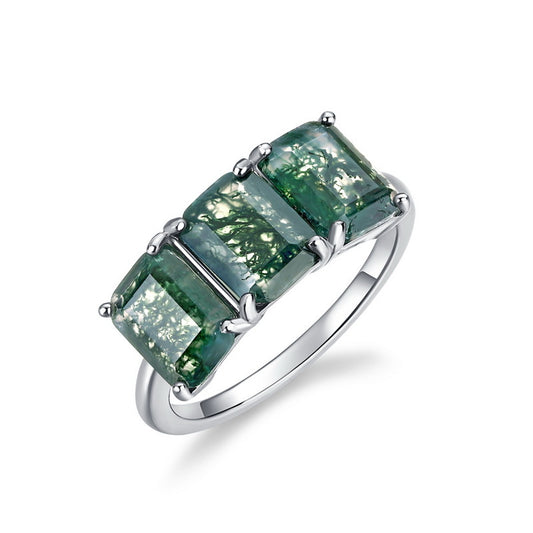 S925 Sterling Silver Moss Agate Single-Row Ring