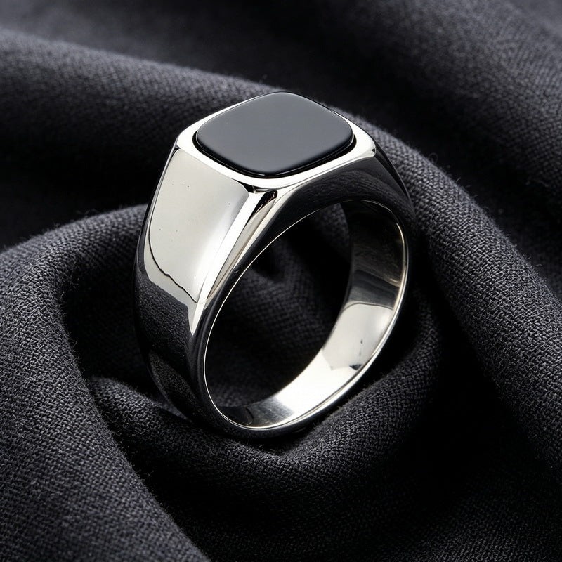 Cold Smooth Stainless Steel Ring, Square Black Stone Titanium Steel Men's