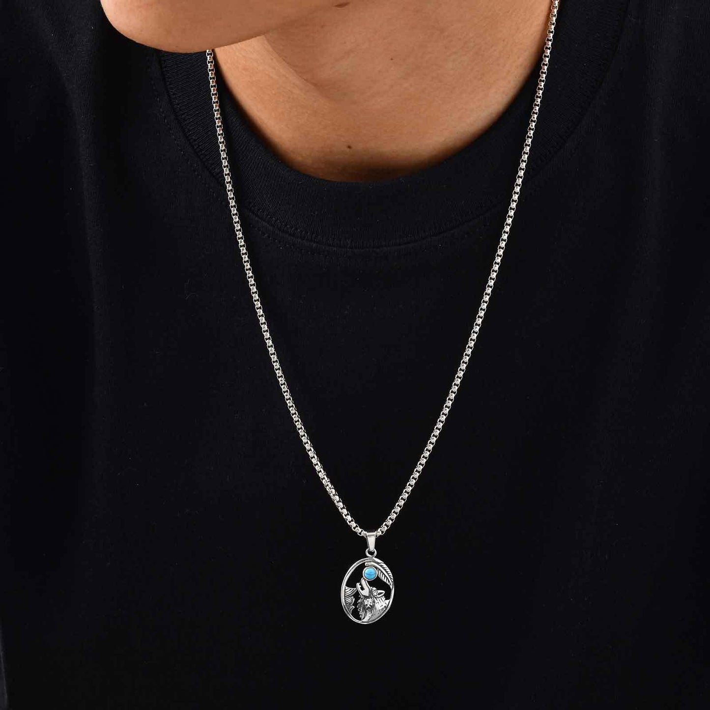 Planderful Wolf Head Turquoise Pendant for Men Hip Hop Style