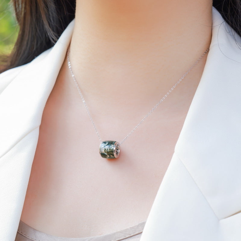 S925 Sterling Silver Moss Agate Pendant Necklace