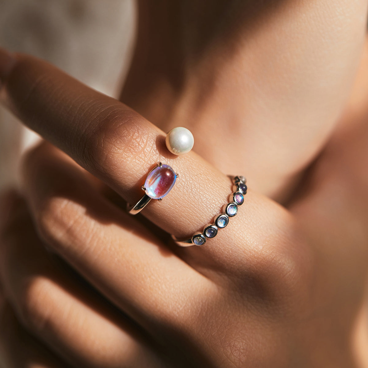 925 Sterling Silver Moon Pearl Moonstone Ring