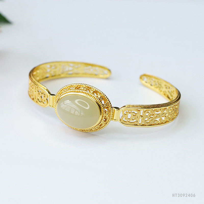 Hetian Jade Cabochon Open Bangle