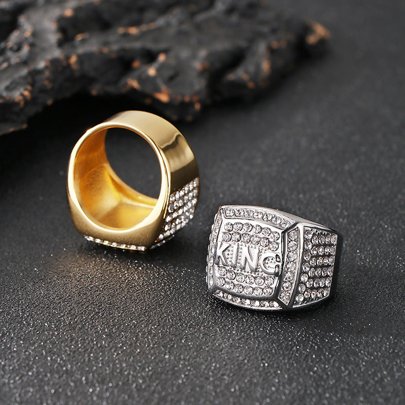 Planderful Zircon Square Ring Gold Plated Hip Hop King Men