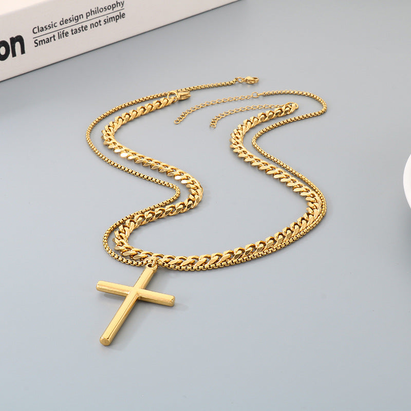 Glossy Cross Pendant Necklace, Six-Sided Grinding Square Pearl Chain Double-Layer Stacked Men's Necklace.