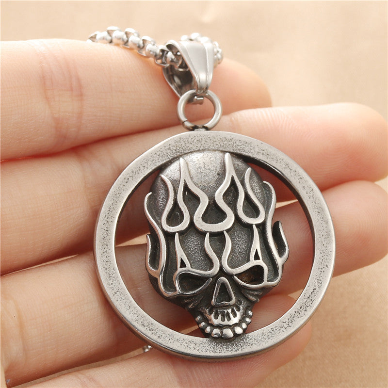 Personalized Retro Punk Skull Pendant Necklace for Men - Titanium Steel Flame Design