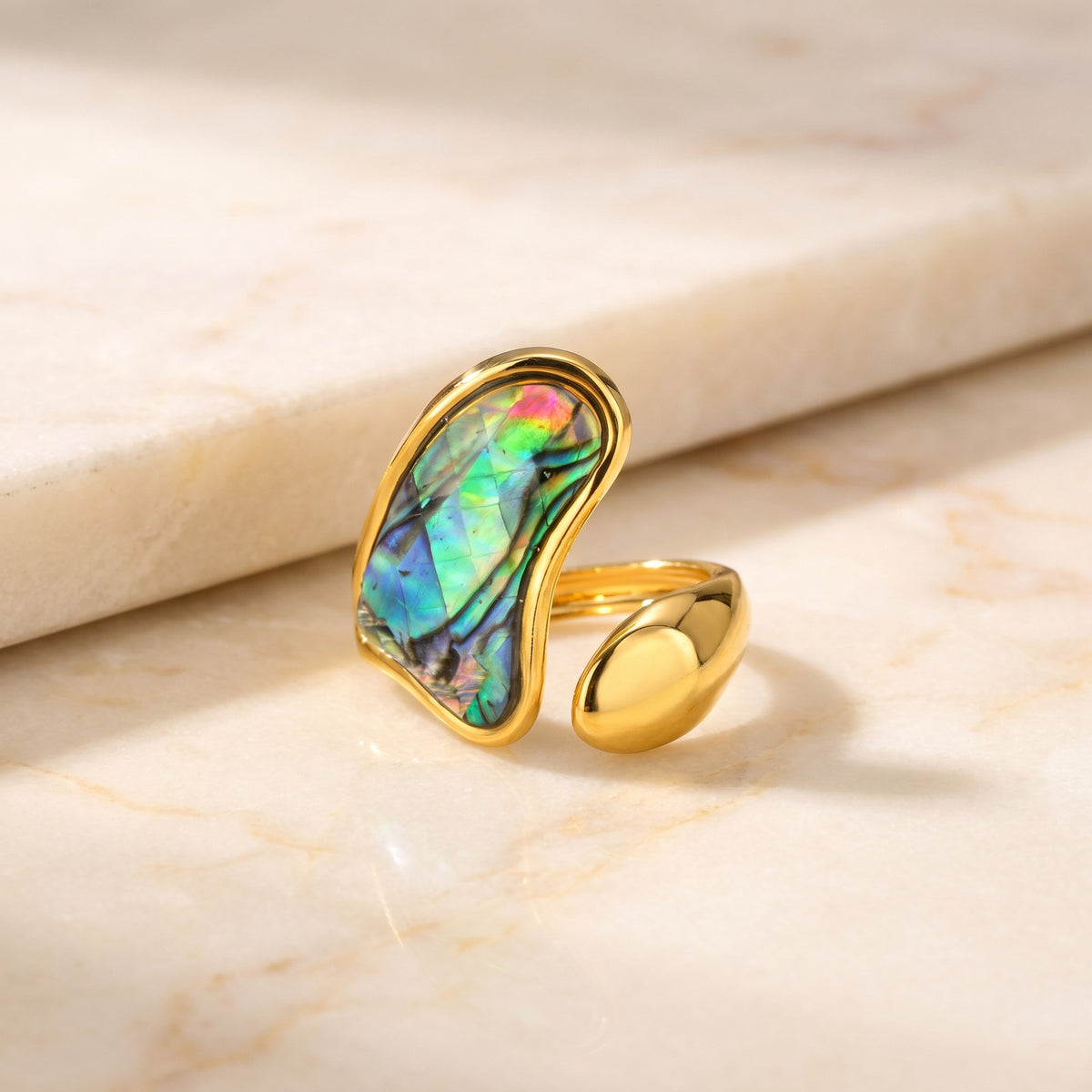 Hot-Selling Special-Shaped White Shell Stainless Steel Ring Design Leaf Opening