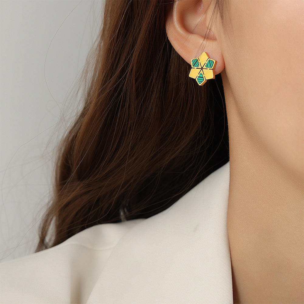 White Shell Turquoise Zircon Geometric Earrings in Gold-Plated Titanium Steel
