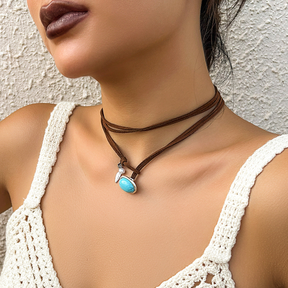 European and American Inspired Jewelry: Stylish Double-layer Geometric Necklace with Adjustable Length, Ethnic Tassel Pendant, Turquoise Necklace for Women
