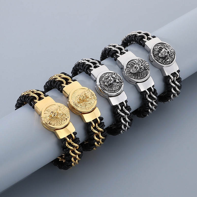 Wolf Head Bracelet – Punk Animal Lion Head Magnet Buckle Titanium Steel Woven Leather