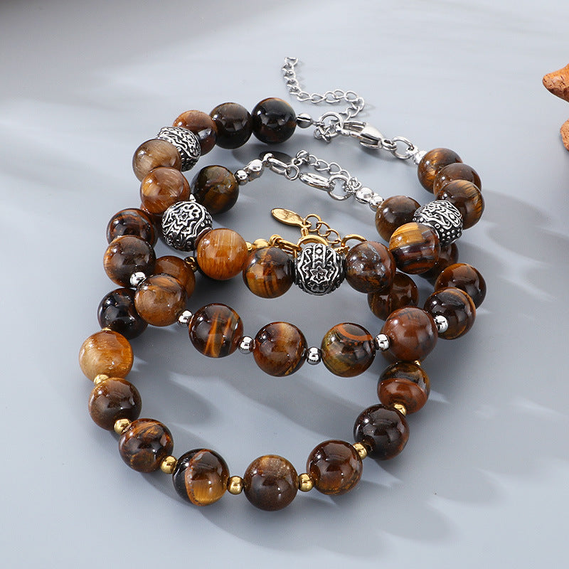 Bracelet – Tiger's Eye Stone Beaded Stainless Steel Round Beads With Extension Chain