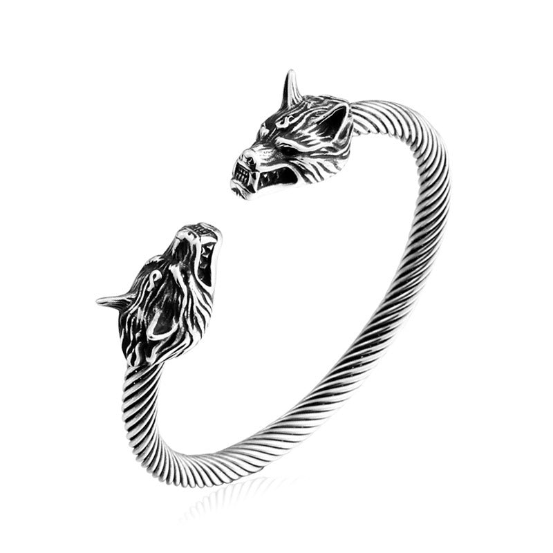 Viking Double Wolf Head Titanium Steel Bracelet for Men - Retro European and American Hand Jewelry