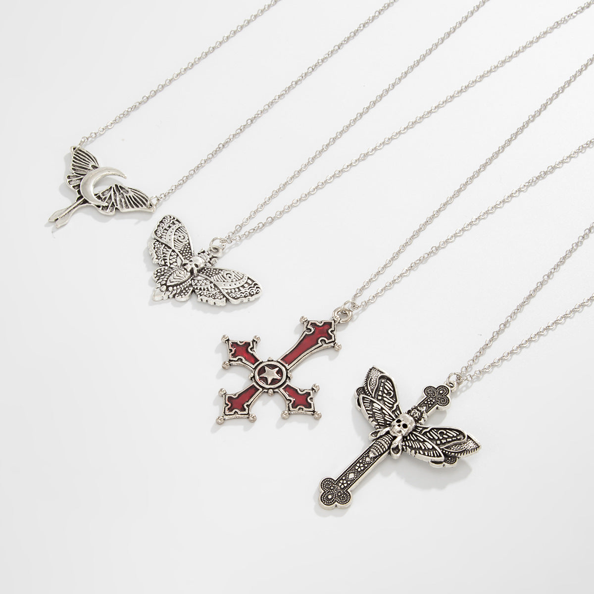 Gothic Moth, Bat & Cross Necklace
