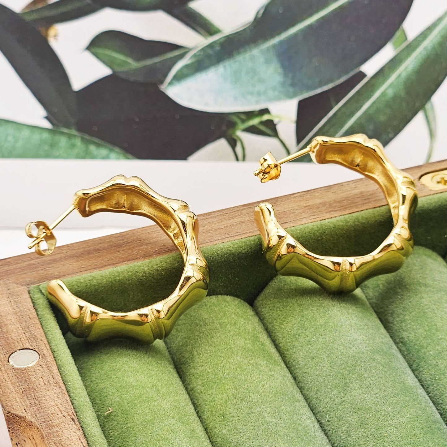 Planderful Gold Plated Bamboo C Shaped Stainless Steel Earrings For Trendy Women European American Style Statement